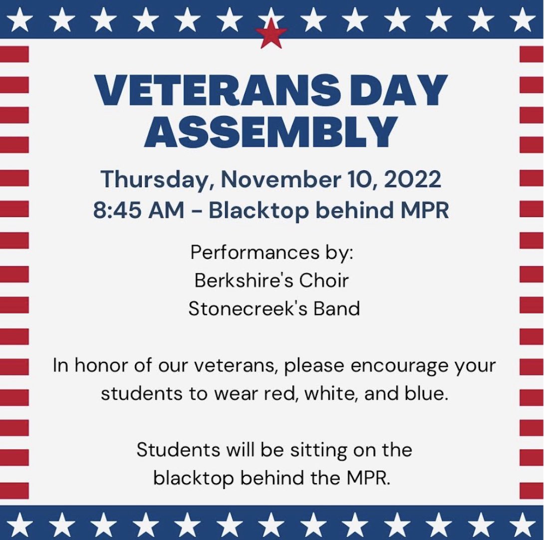 Happy Veterans Day! 🇺🇸Shout out to Mrs. Santiago and Mr. Hicks for organizing our Veterans Day Assembly to honor those who have served our country ❤️🤍💙! Thank you to the Stonecreek Band for helping us celebrate!