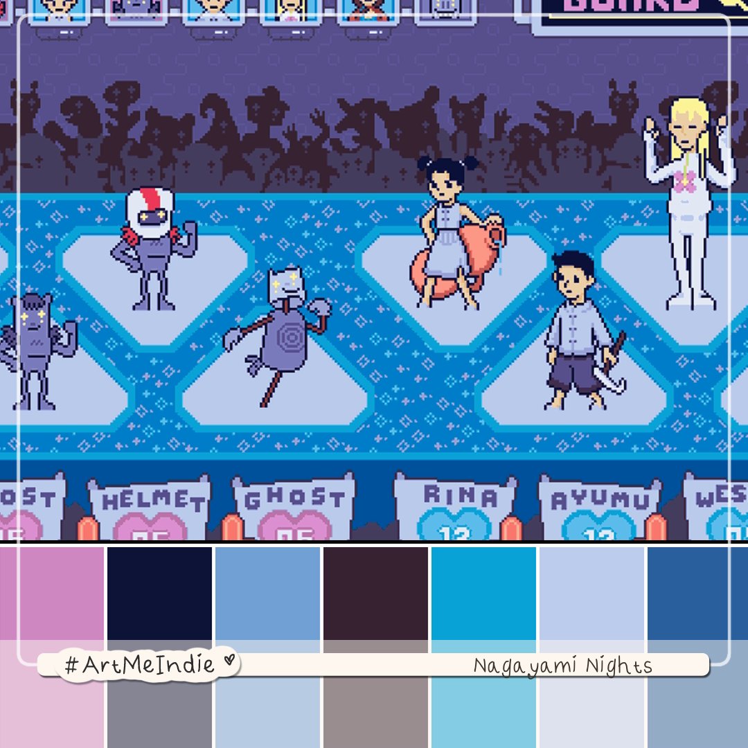 🖌 The Colors of #PitchYaGame // 14
🎨 An #IndieGame inspired #ColorPalette
🎮 Game: Nagayami Nights
👋 The #GameDev: <a href="/Yozorakii/">Yozoraki</a>

-//-
#Art #IndieGames #GameDev #IndieGameDev 
#VideoGames #IndieDev #PixelArt