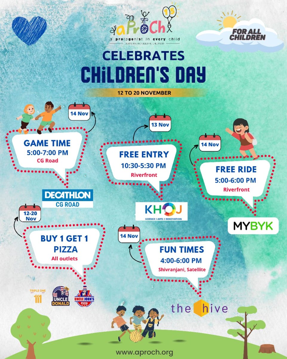 To the children, for the children!

Enjoy Children's Day Celebration across places in Ahmedabad. 

Do visit, enjoy and share pics and videos.
<a href="/SmartCityAhd/">Smart City Ahmedabad</a> <a href="/kiranbirsethi/">Kiran Bir Sethi</a> <a href="/Kirtizala/">Kirti Zala</a> <a href="/riversideindia/">The Riverside School</a> <a href="/official_rpc/">Real Play Coalition</a> <a href="/MoHUA_India/">Ministry of Housing and Urban Affairs</a> <a href="/SmartCities_HUA/">Smart Cities Mission</a>