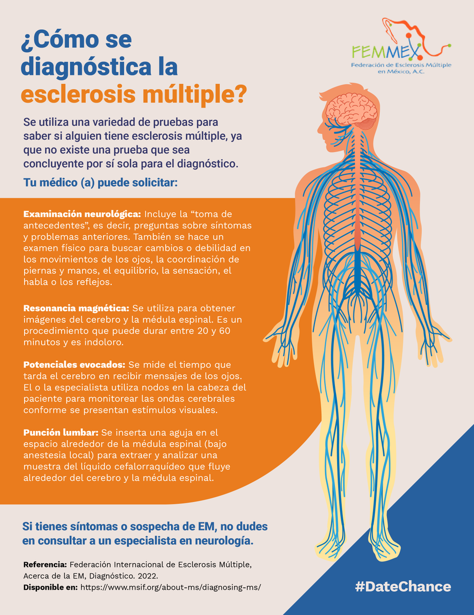 FEMMEXAC's tweet photo. Si hay síntomas o sospecha de presentar esclerosis múltiple (EM), #DateChance de consultar a un especialista en neurología, quien puede solicitar las siguientes pruebas para el diagnóstico. Conócelas: https://t.co/wERQFfHd3Z