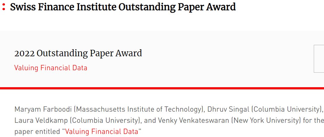 Laura Veldkamp (@laura_veldkamp) on Twitter photo Thanks to the Swiss Finance Institute for awarding their 2022 paper award to my work with
<a href="/maryam_farboodi/">Maryam Farboodi</a>, Dhruv Singal and Venky Venkateswaran. Feeling grateful and deeply honored. #ValueofData #DataFinance #EconTwitter Thanks to the Swiss Finance Institute for awarding their 2022 paper award to my work with
<a href="/maryam_farboodi/">Maryam Farboodi</a>, Dhruv Singal and Venky Venkateswaran. Feeling grateful and deeply honored. #ValueofData #DataFinance #EconTwitter