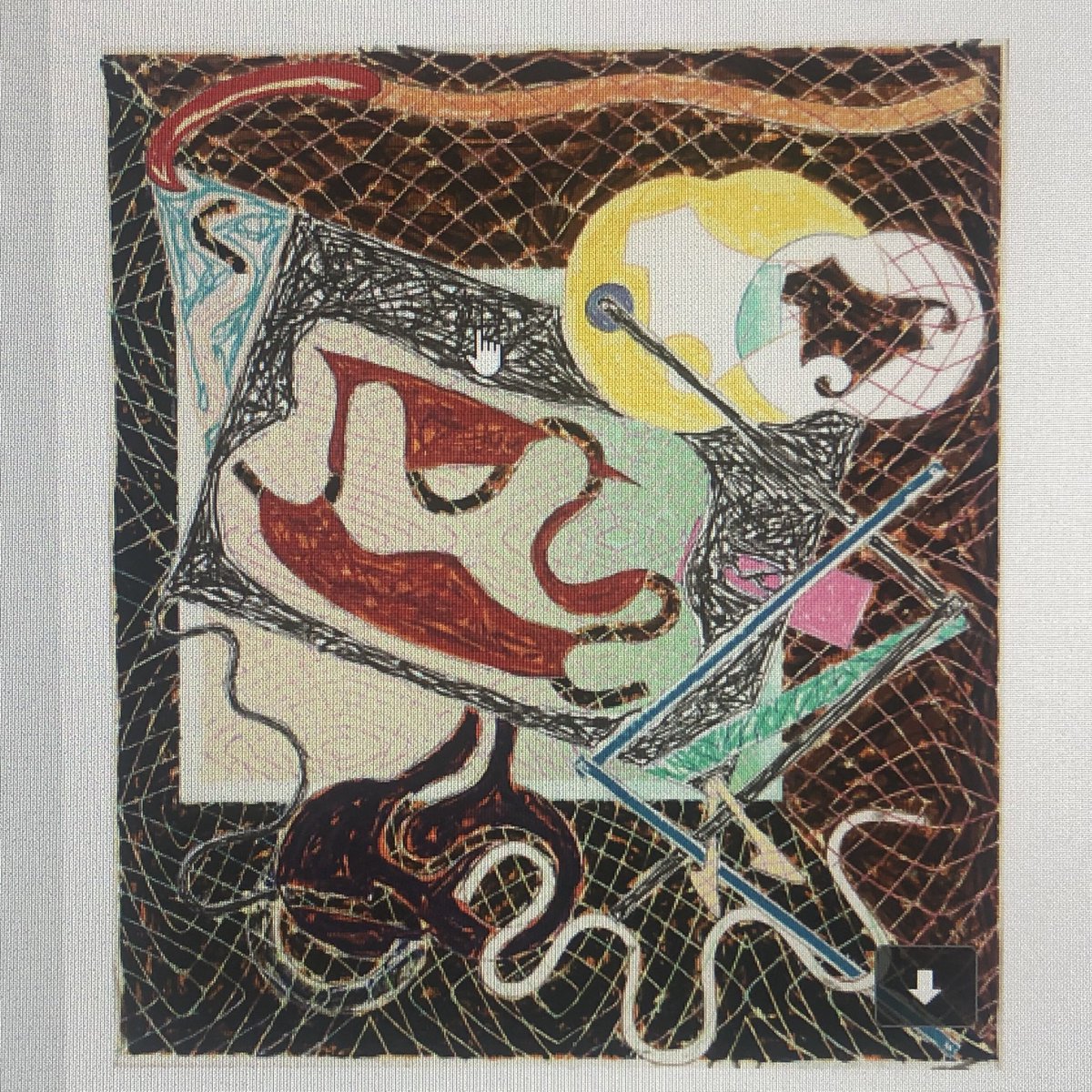 This 1982 print, ‘Shards III’ by Frank Stella evokes. some of Stuart Davis’s Gloucester paintings of the 1930s, right down to the fishing net.