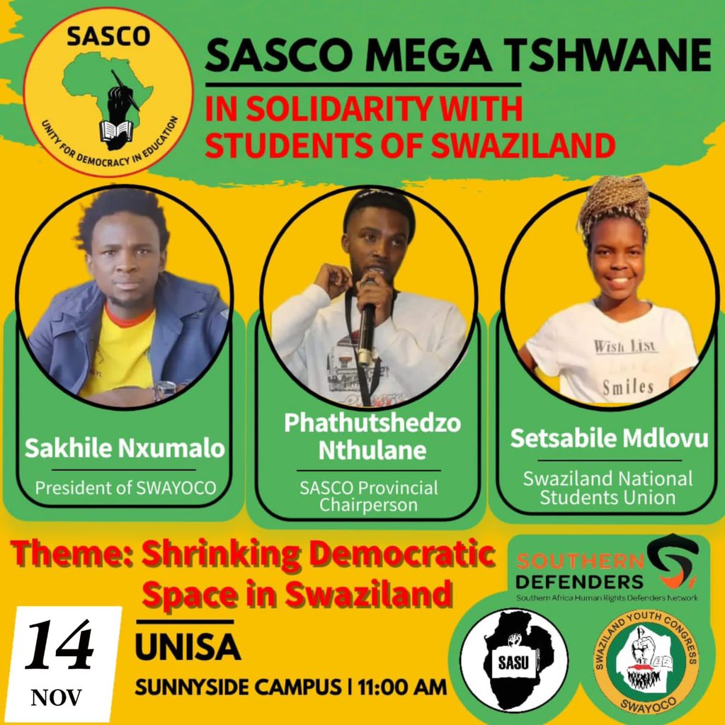The Regional Movement continues to stand in solidarity with the students of Swaziland and condemn with the necessary contempt that it deserves the shrinking of democracy in Swaziland! ✊🏾 @SascoNational @SWAYOCO @SnatSwaziland @SAHRDNetwork
