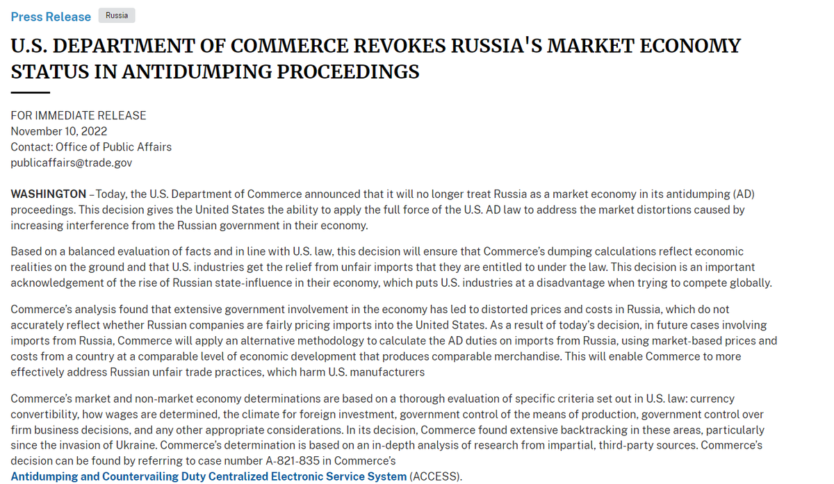tradelawyer's tweet photo. U.S. Department of Commerce announces that it will no longer treat Russia as a market economy in its antidumping proceedings - will drive up anti-dumping duties on Russian imports

#Russia #USDOC #TradeRemedies #AntiDumping

https://t.co/cnmSPbXXUS https://t.co/43pd3fzBpQ