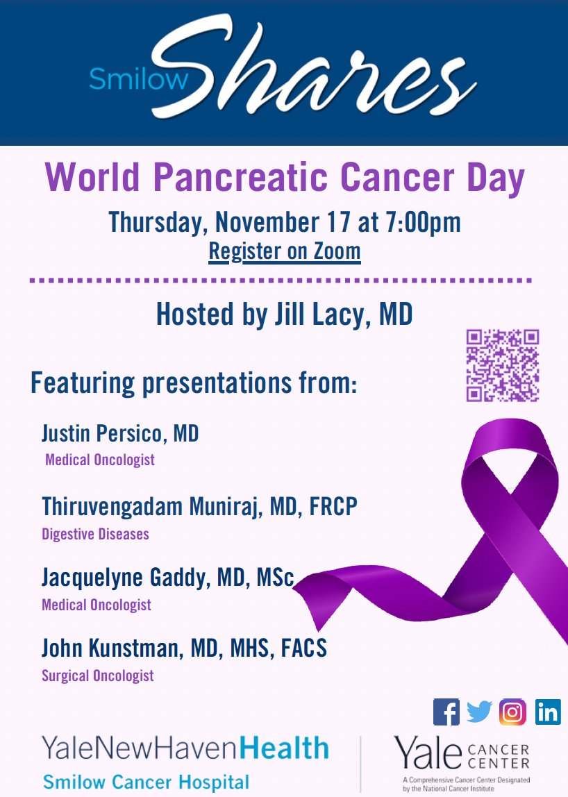 Thursday, Nov. 17 at 7pm, we’re hosting a free webinar for #WorldPancreaticCancerDay. Please register to join us for presentations from our experts bit.ly/3gLk9Lb. <a href="/SmilowCancer/">Smilow Cancer Hospital</a> <a href="/YNHH/">Yale New Haven Hosp</a> <a href="/YaleGICancers/">Center for Gastrointestinal Cancers</a> <a href="/YaleDigestive/">Yale Digestive Diseases</a> <a href="/MuzumdarLab/">Muzumdar Lab</a> <a href="/JacquelyneGMD/">Jacquelyne Gaddy, MD</a> <a href="/ThiruMunirajMD/">Thiru Muniraj, MD, PhD, FACG, FRCP</a> <a href="/jpdaddy3/">Justin Persico, MD</a>