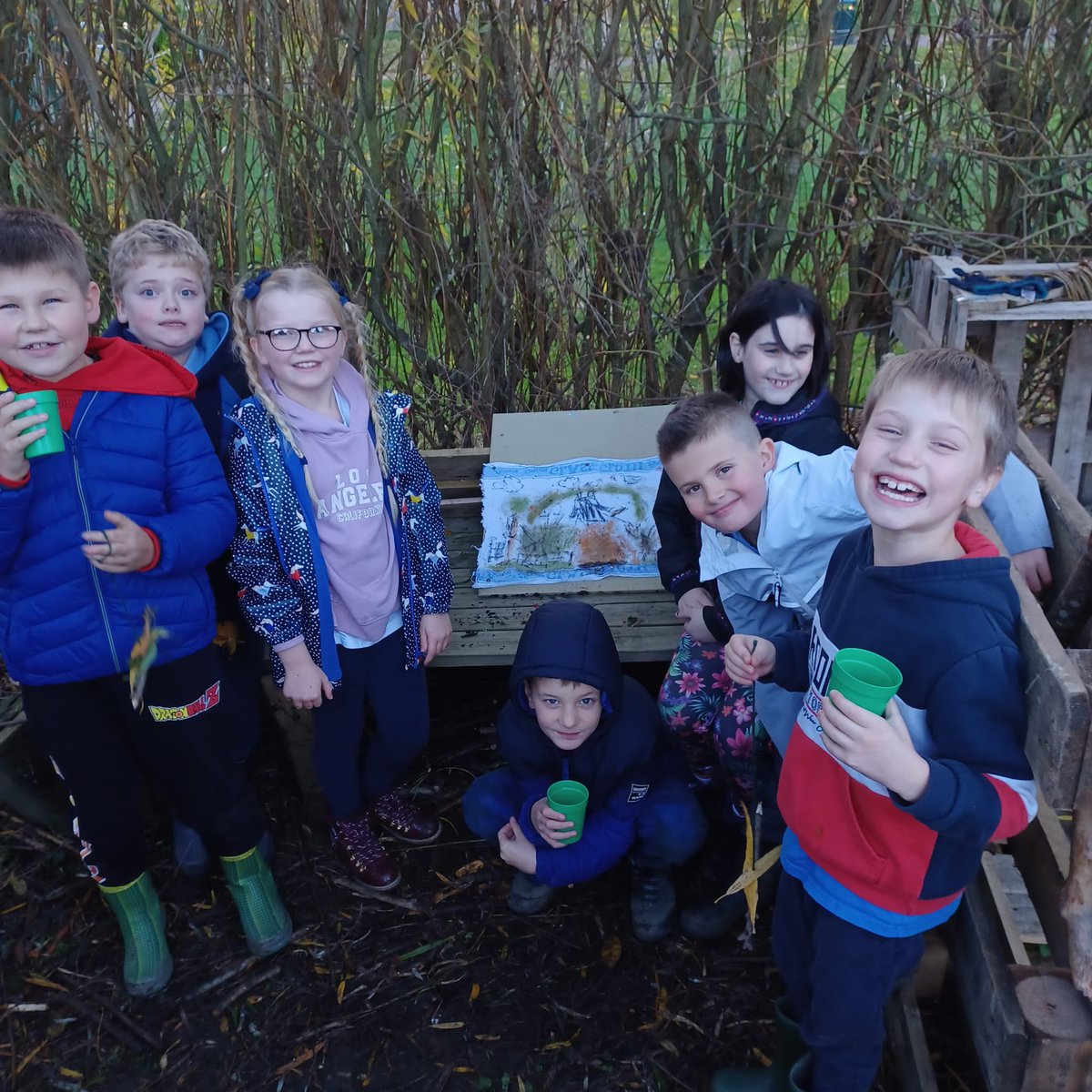 NorthowramPS's tweet photo. Forest School activity this week. Using natural mark making tools to make incredible artwork. They used berries, grass, mud and ‘home made’ charcoal. Absolutely amazing results #forestschool https://t.co/YD8oJKeJbm