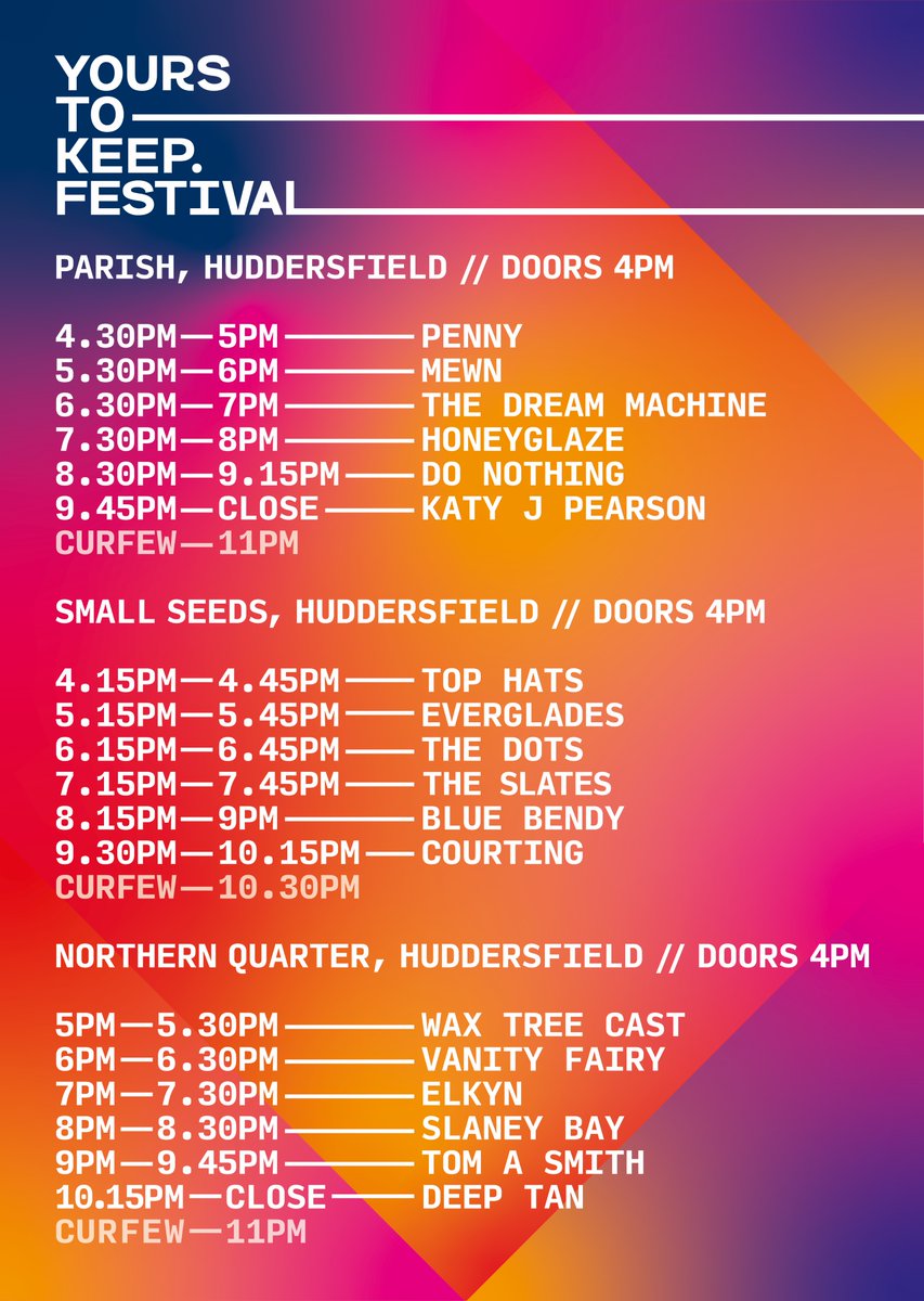 HANDY ALL IN 1 GUIDE TO ALL 3 STAGES FOR TOMORROW! 🤠 Wristband exchange from Parish from 3.30pm! You can only collect from <a href="/ParishHudd/">Parish</a> &amp; buy tickets for the event there too 🚨
Let's do it Hudds!