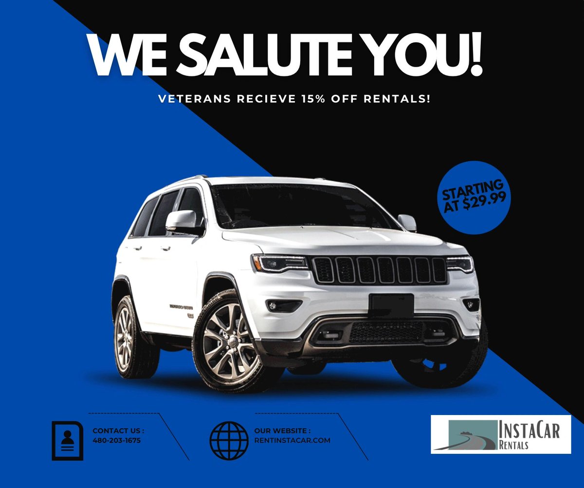 If you are a U.S. veteran, or member of the U.S. Military, enjoy 15% off your rental, as a thanks from our family here at InstaCar Rentals!