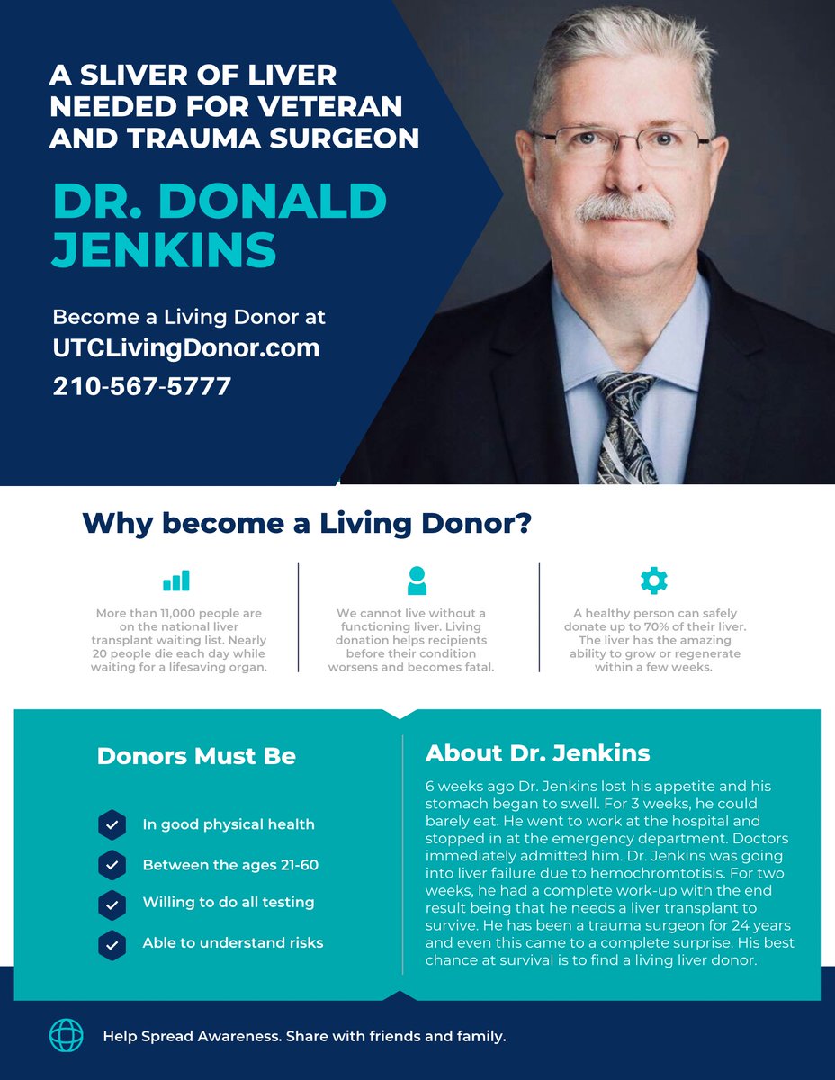 UT San Antonio Surgery Residents (@uthsasurgres) on Twitter photo Our own Dr. Jenkins (<a href="/Dj53Jenkins/">Don Jenkins</a>), faculty at <a href="/UnivHealthSA/">University Health</a> <a href="/TheLongSOM/">Long School of Medicine</a> <a href="/UTHealthSASurg/">UT Health SA Surgery</a> <a href="/ExcelsiorSurg/">Excelsior Surgical Society</a> trauma surgeon and one of our mentors, needs a #livertransplant to survive.
Help us spread awareness and share with family and friends! <a href="/DonateLife/">Donate Life America</a>
👉🏼UTCLivingDonor.com Our own Dr. Jenkins (<a href="/Dj53Jenkins/">Don Jenkins</a>), faculty at <a href="/UnivHealthSA/">University Health</a> <a href="/TheLongSOM/">Long School of Medicine</a> <a href="/UTHealthSASurg/">UT Health SA Surgery</a> <a href="/ExcelsiorSurg/">Excelsior Surgical Society</a> trauma surgeon and one of our mentors, needs a #livertransplant to survive.
Help us spread awareness and share with family and friends! <a href="/DonateLife/">Donate Life America</a>
👉🏼UTCLivingDonor.com