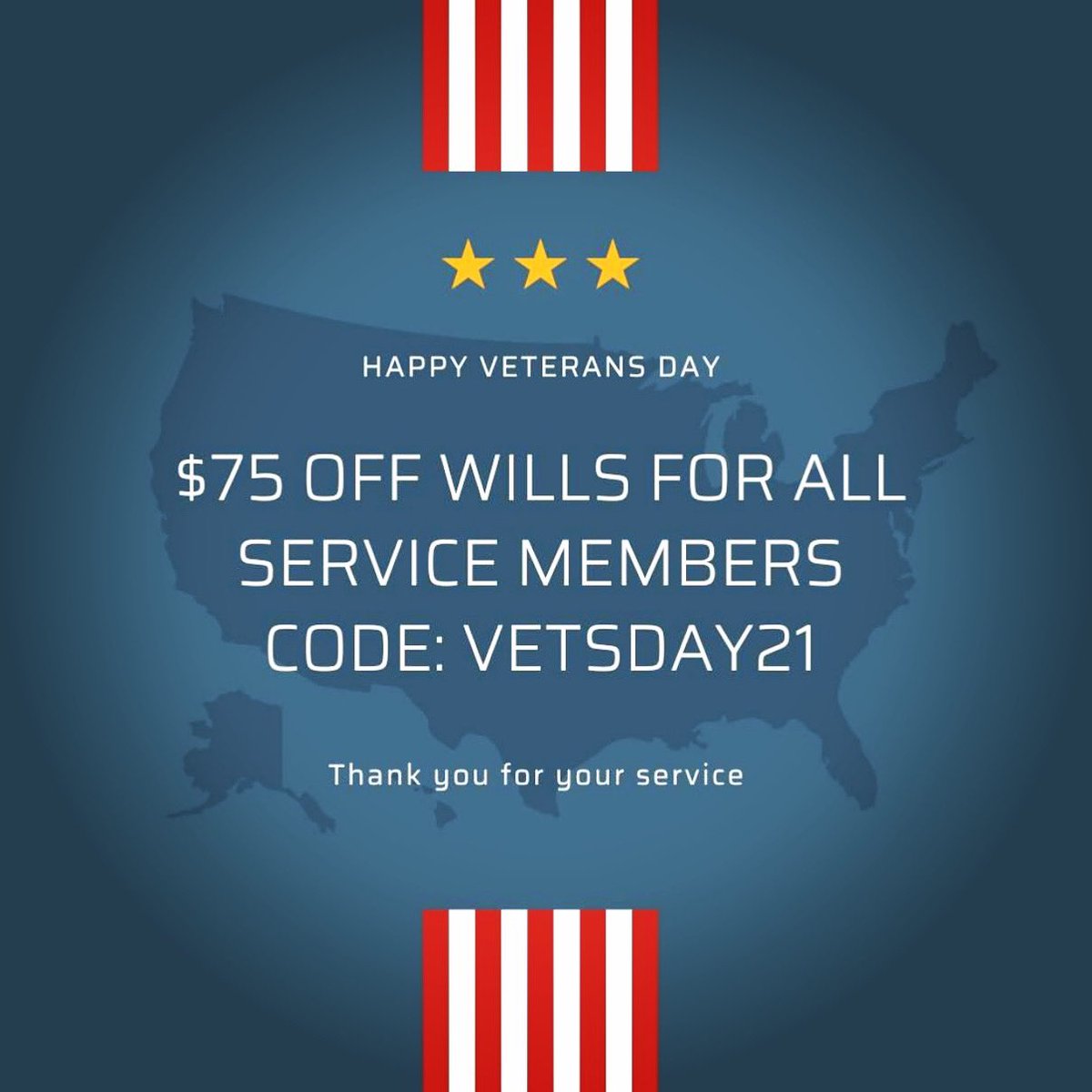 Happy #VeteransDay2022 Thank you to all active and former members for their service and sacrifices. We're offering $75 off our wills to all service members until the end of November. 

Use code: VETSDAY21 at checkout to redeem this offer. 

bit.ly/3hCx2rC