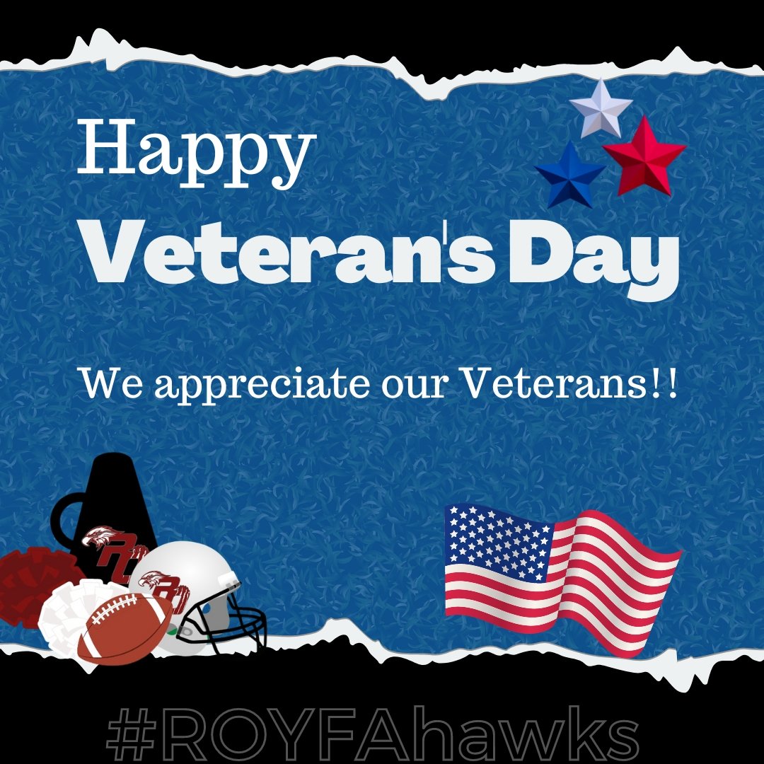 RedOakYFA's tweet photo. We want to give a Hawk Shout to the many incredible Veteran's that love our Hawks! 
📣 We appreciate you!! 
🇺🇲 Thank you for your service!
#veteransday2022 #VeteransDay #Veteran #ROYFAhawks #ThankYou #MilitaryFamily https://t.co/9qePWy1hkK