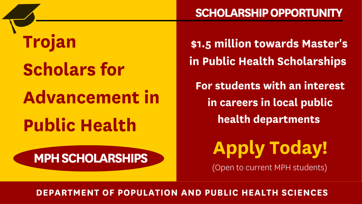 uscpphs's tweet photo. 🎉 Introducing Trojan Scholars for Advancement in Public Health (TSAPH). We're thrilled to offer scholarships towards our Master's in Public Health program for students interested in careers in local public health departments. Learn more:https://t.co/6vYXsWhHwB #USC #USCMPH #MPH https://t.co/j4xsIF1wdP