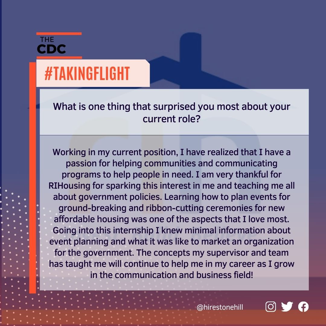 This week's #takingflight intern spotlight will tell the story of Savannah Tobin. A senior communications major, Savannah interned with RIHousing. Swipe to learn more.