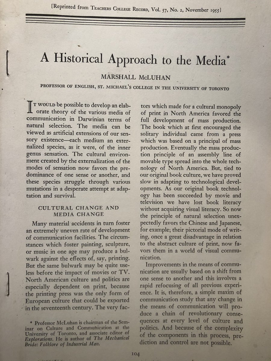 McLinstitute's tweet photo. “And until we understand that the forms projected at us by our technology are greatly more informative than the verbal messages they convey we are going to go on being helpless illiterates in a world we made ourselves.”

Marshall McLuhan
‘A Historical Approach to the Media’
1955 https://t.co/VT7KICalWa