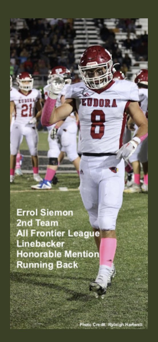Errol Siemon (@errol_siemon) on Twitter photo Sophomore Season Highlight!
Nominated Small Class POTY
2nd Team All League Linebacker
All League HM Running Back
10 Games Played
76 Tackles/8 TFL/2 DEF TD
107 Carries/795 Yards/8 TD
Hudl - hudl.com/v/2JnRcy
<a href="/coachsteffen19/">Drew Steffen</a> <a href="/hammer15_dain/">Dain Hammerschmidt</a> <a href="/FBCoachLott6/">Coach Lott</a> <a href="/EHSCardinals_FB/">Eudora High School Football</a> Sophomore Season Highlight!
Nominated Small Class POTY
2nd Team All League Linebacker
All League HM Running Back
10 Games Played
76 Tackles/8 TFL/2 DEF TD
107 Carries/795 Yards/8 TD
Hudl - hudl.com/v/2JnRcy
<a href="/coachsteffen19/">Drew Steffen</a> <a href="/hammer15_dain/">Dain Hammerschmidt</a> <a href="/FBCoachLott6/">Coach Lott</a> <a href="/EHSCardinals_FB/">Eudora High School Football</a>