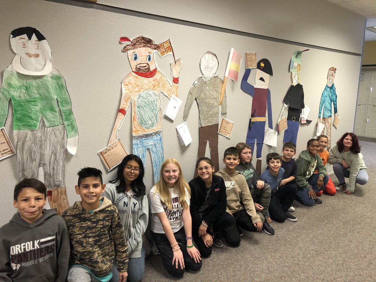 BaberClass's tweet photo. “Ahoy” from our Early European Explorers; Ponce De Leon, Cortes, Cartier, Coranado, Hudson, and La Salle. Students had a blast studying and recreating their life size explorer...Maybe not as much fun teaching their classmates but all did a fabulous job! @Norfolk_MS https://t.co/xvjXDTJ6wF