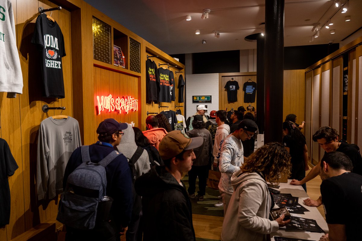anthony__nk's tweet photo. Day 1 a success at the @shopify x @Eminem pop-up celebrating the 20th anniversary of 8 Mile at Shopify NY. Open through Nov 20 - come get some @momsspaghetti! https://t.co/M7kURR1LLq