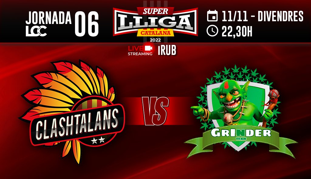 Esta noche traemos nueva guerrita de <a href="/lligacatclash/">Lliga Catalana Clash</a>, a partir de las 22h 🇪🇸.
<a href="/Clashtalans/">ClashTalans</a> vs <a href="/GrinderTeamCoC/">Grinder team</a> 
twitch.tv/irub_tv