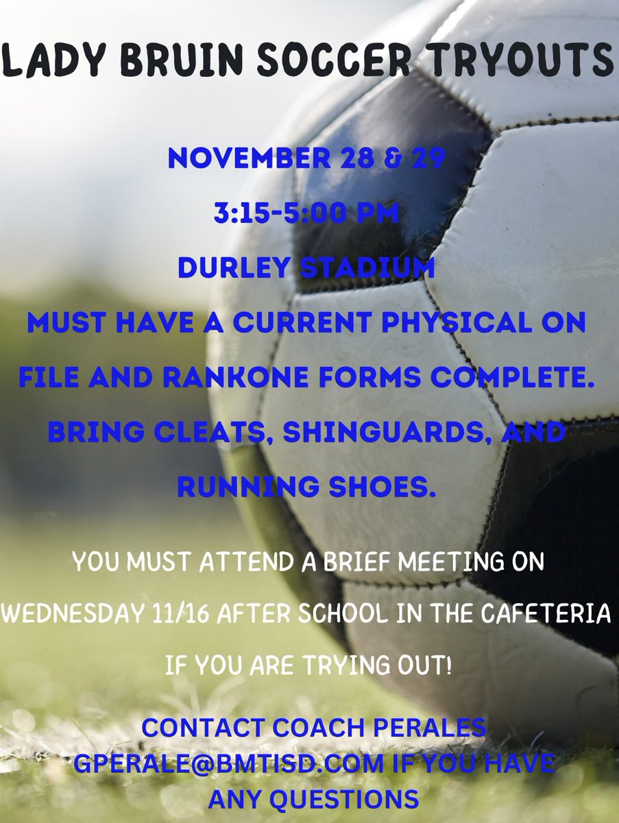Soccer season is upon us! Come tryout and get a chance to be apart of a great program on campus. If you have any questions ask Coach Perales 
Gperale@bmtisd.com

🐻⚽️🔴⚪️🔵