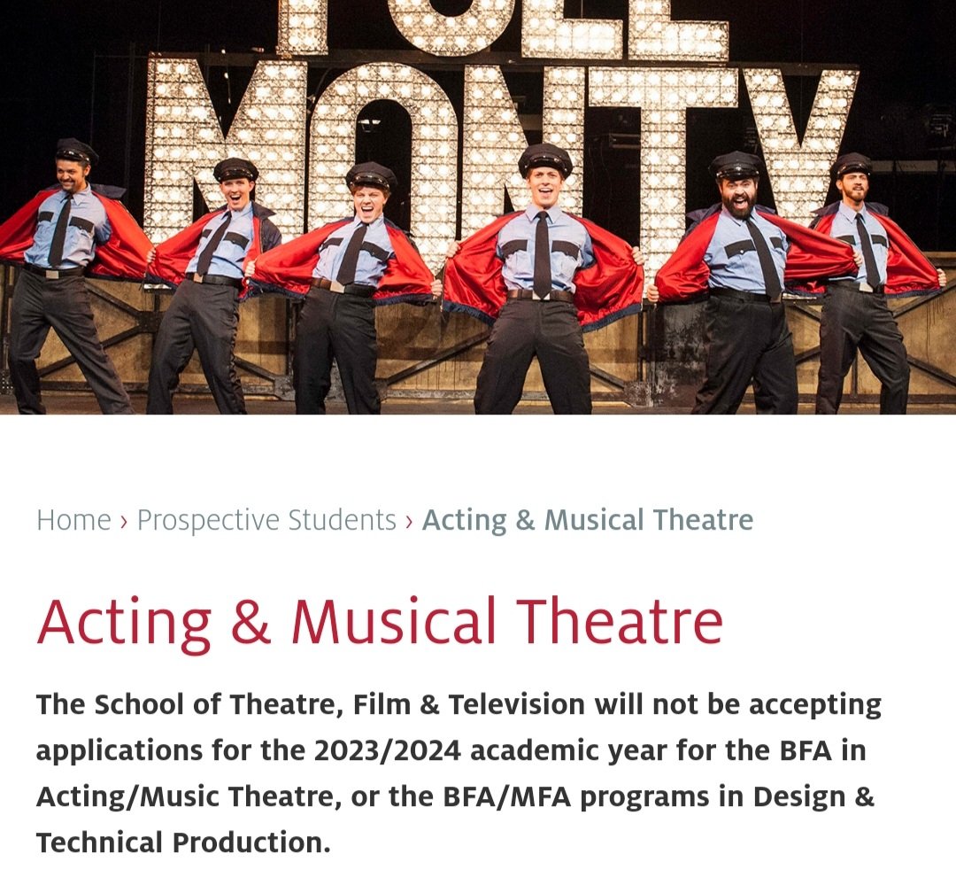 ChrisOCowUh's tweet photo. My alma mater announced they're terminating the BFA Musical Theatre program with an image of me stripping in The Full Monty and I can't imagine anything more symbolic https://t.co/jt3YSgHeDw