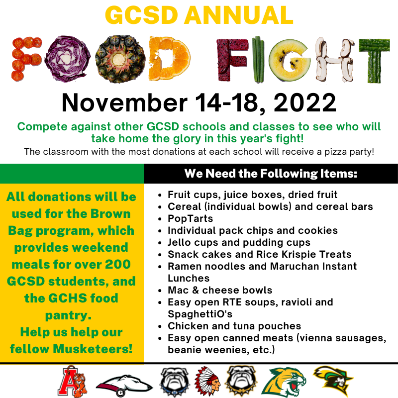 GreenupSchools's tweet photo. The Food Fight Begins Next Week!
Let's Go, Musketeers!
#GCAllForOne #BelieveInGC https://t.co/TuPKKskyVi