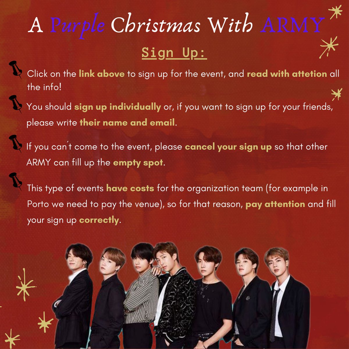 🎄A PURPLE CHRISTMAS WITH ARMY- PORTO🎄

Um evento que junta os BTS e o NATAL, onde convidamos todos os PT-Army a celebrar esta data com várias atividades e um amigo secreto🎅

Lê a INFO com atenção!
Faz já a tua inscrição: signupgenius.com/go/10C0E48AFAB…
#APurpleChristmasWithArmy
