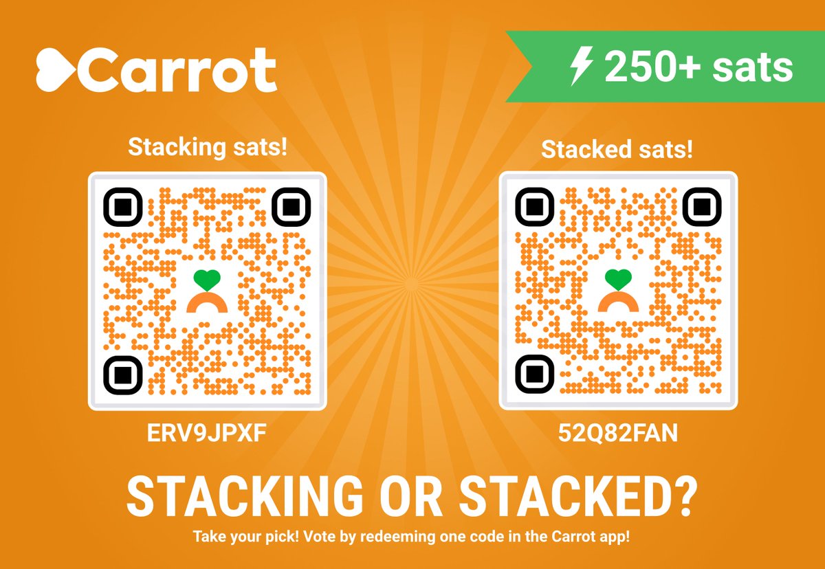 Bitcoin Magazine App (@earnwithbm) on Twitter photo The burning question right now on everyone's mind...
Which is better: stacking sats or stacked sats??
Vote by scanning your pick.  If you vote along with the majority, we'll throw in some bonus sats to the victors.
Voting closes in 4 hours!
Enjoy this week's #FlashCodeFriday! The burning question right now on everyone's mind...
Which is better: stacking sats or stacked sats??
Vote by scanning your pick.  If you vote along with the majority, we'll throw in some bonus sats to the victors.
Voting closes in 4 hours!
Enjoy this week's #FlashCodeFriday!