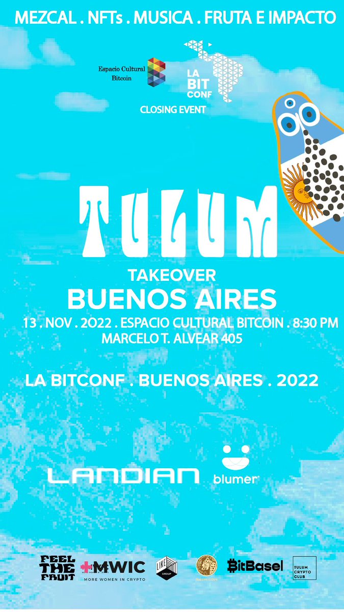 EspacioBitcoin's tweet photo. Closing Party Labitconf⚡️

Te invitamos al cierre de LaBitconf junto a Tulum!
Fecha: 13 de noviembre
Hora: 18 horas
Lugar: Espacio Cultural Bitcoin (Marcelo alvear 405)

inscribete acá: https://t.co/yfll7QpA3s https://t.co/vsKVTnzEuZ