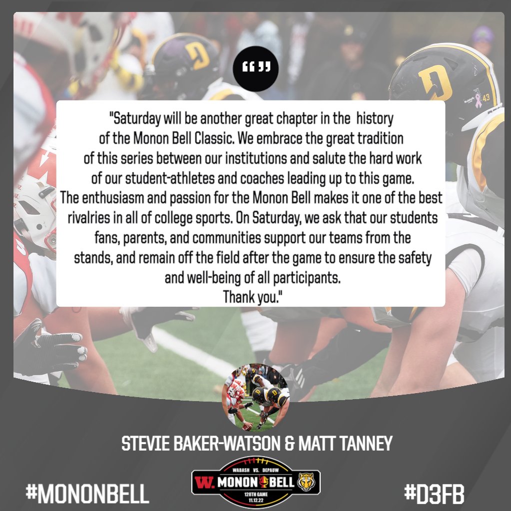 wabashathletics's tweet image. At tomorrow's 128th Monon Bell Classic between @WabashFB and @DePauwTigersFB , let's be good sports and let the team be the only individuals on the field. Please refrain from rushing the field after the game ends.

#MononBell
@NCAC