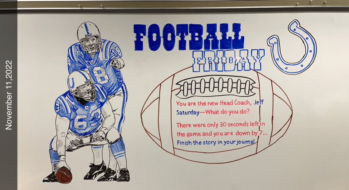 ajacobs22511's tweet photo. FOOTBALL Friday: #saturdaystrong #63 if you were Jeff Saturday #Colts as the new head coach and you were down by 7 with 30 seconds to go in the game and the ball was on the 50 yard line… finish the story in your journals @jeffsaturdayNFL @NorthWayneElem #IndianapolisColts https://t.co/lZMAH4FOZr