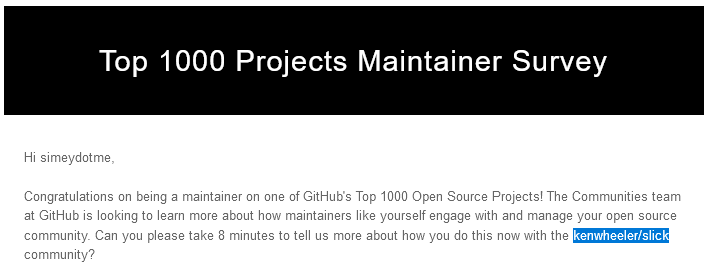 simeydotme's tweet photo. Haha @kenwheeler we made it buddy!
Top 1000 projects lmaaaoooooooo.
Eat. Sleep. Slick. @github
#webdev #slick #slickslider #slickcarousel #github https://t.co/qb4mB64B6M