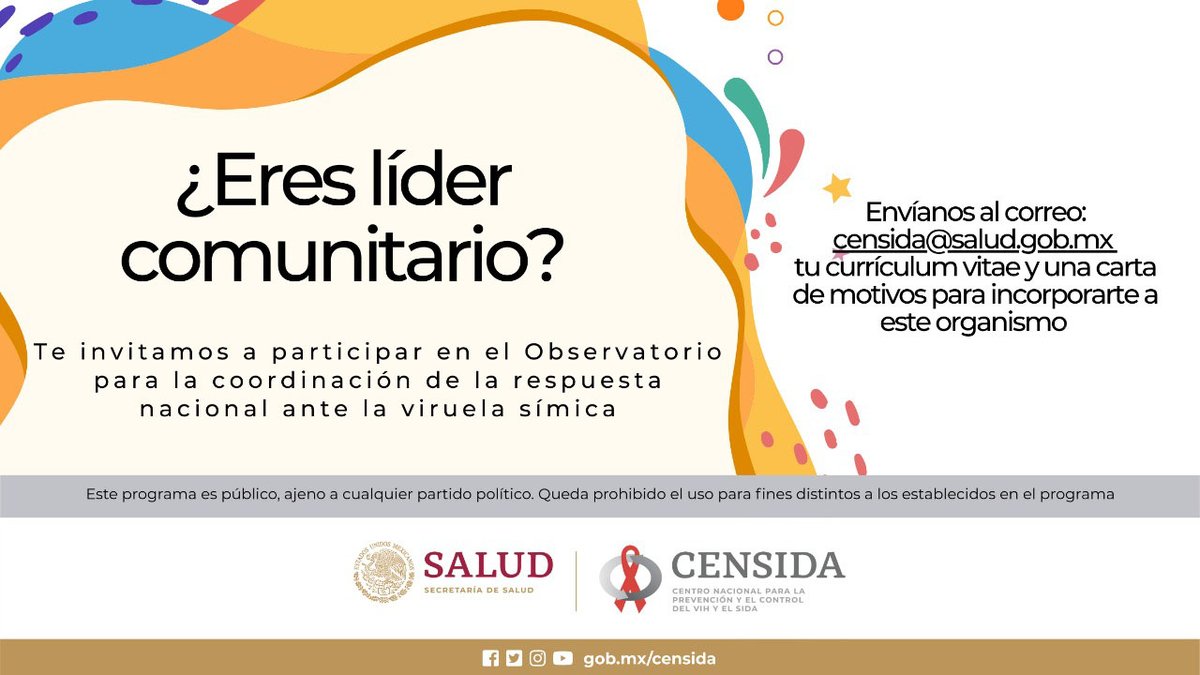 Participa en el observatorio de #viruelasímica. Si eres líder comunitario y te interesa participar en la respuesta nacional de esta infección, envíanos tu currículum vitae y una carta de motivos a censida@salud.gob.mx