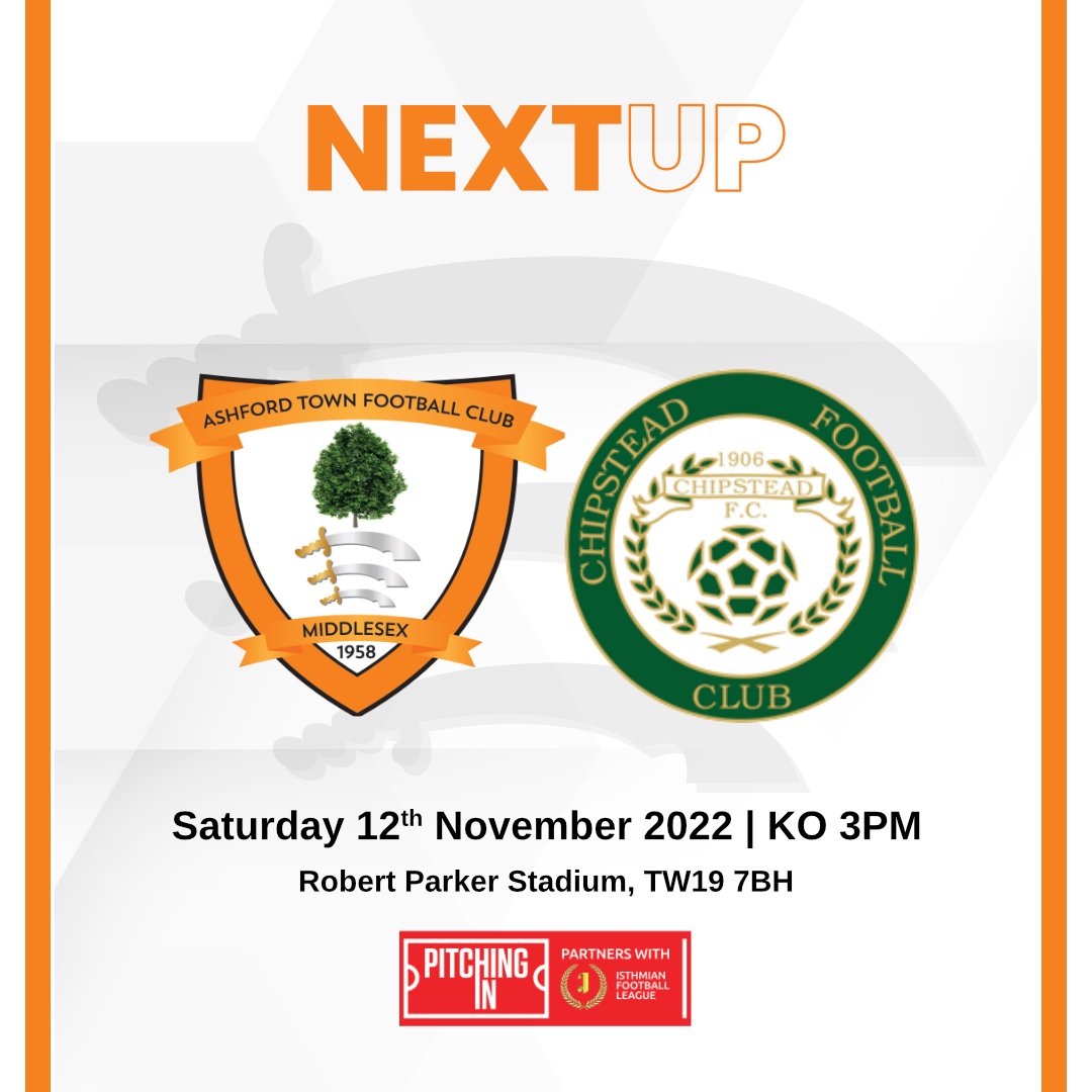 NEXT UP 🍊
🆚 <a href="/chipsteadfcsurr/">Chipstead FC (Surrey)</a>
🏆 <a href="/IsthmianLeague/">The Pitching In Isthmian League</a>
📅 Sat 12 Nov 2022
🕒 KO 3pm
📍 RPS, TW19 7BH
🎫 Adults £10 / Conc. £5 / U16 Free
📙 Programme: Online
🍻 Clubhouse open from 12 noon

ashfordtownmiddlesexfc.com/event/ashford-…

#ASHCHI #atmx #IsthmianLeague #nonleague