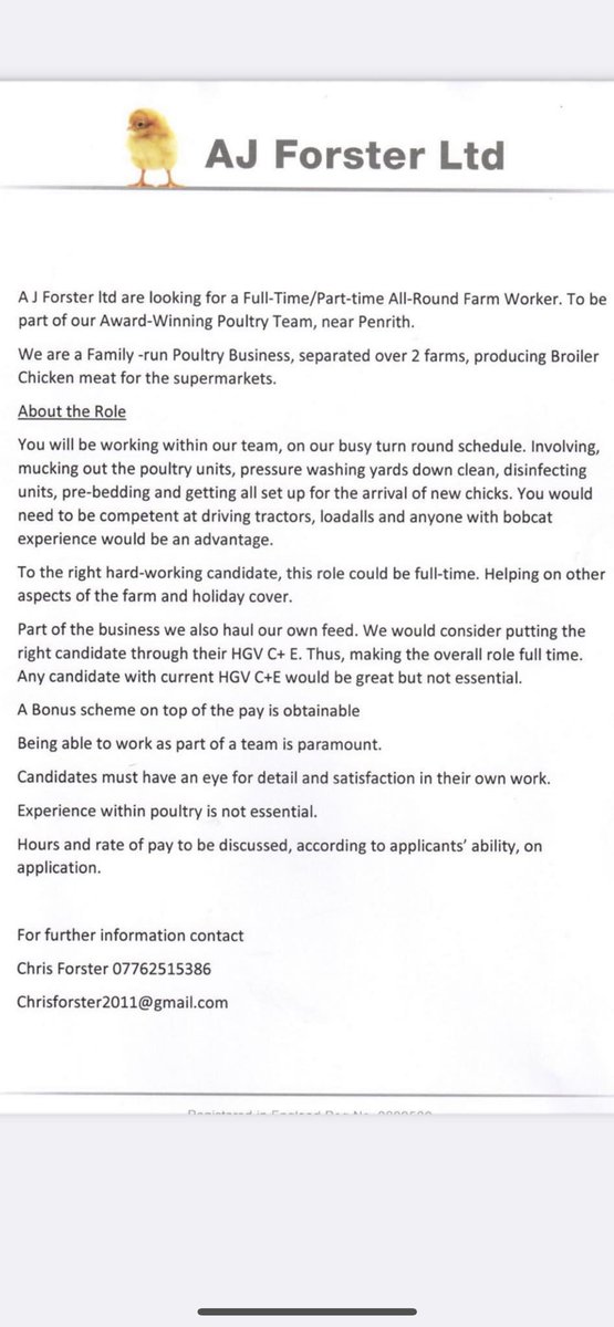 A J Forster Ltd are hiring. 
Great opportunity 
Excellent development prospects for the right candidate 
Full or part time role working in a award winning Poultry business.  
Please call Chris on 07762515386 for more details.