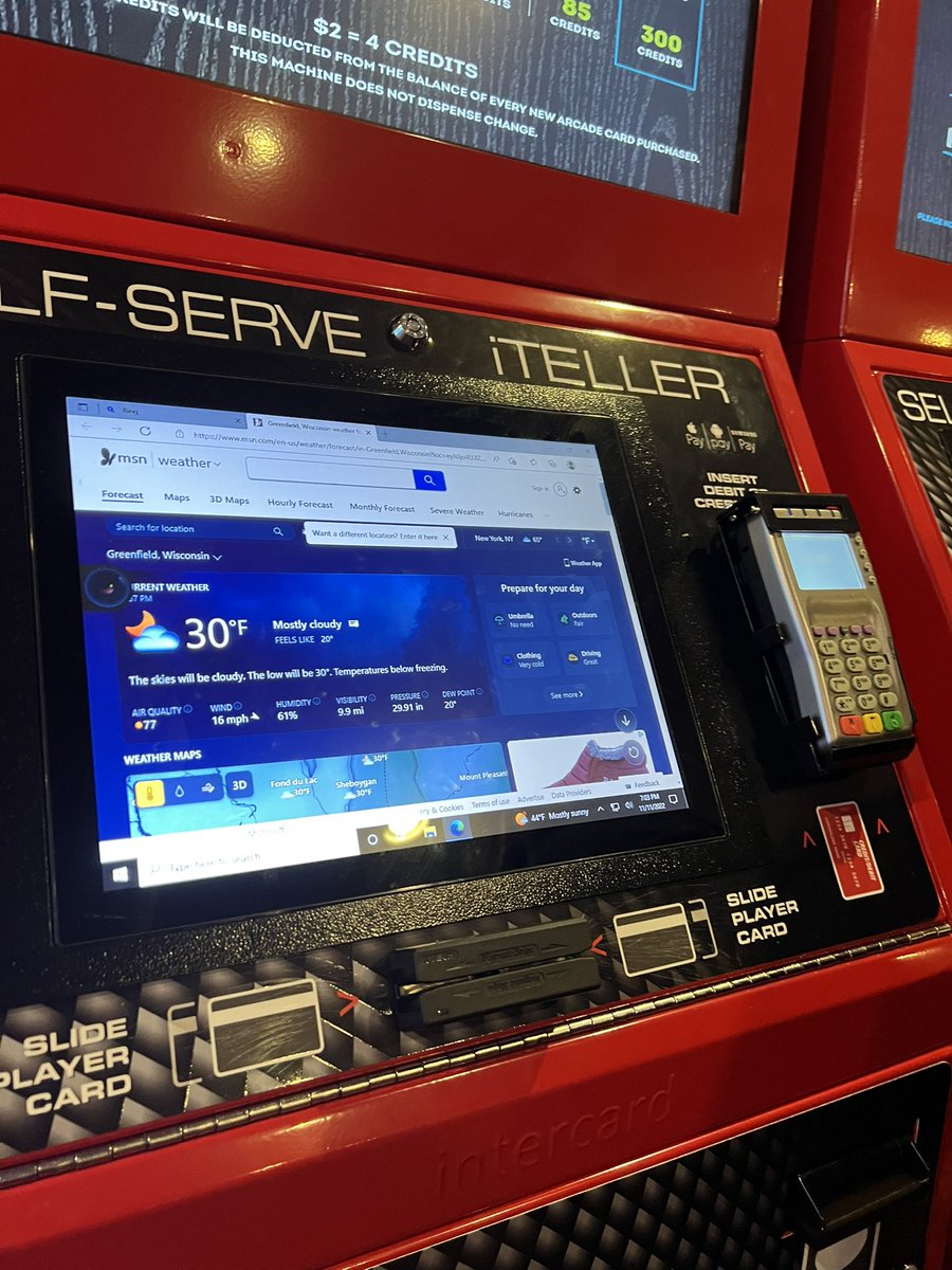 Hacked the game card machine at the locally bowling alley arcade. If you swipe a card it doesn’t understand, the program crashes &amp; you have a full Win10 touchscreen Internet-connected computer.