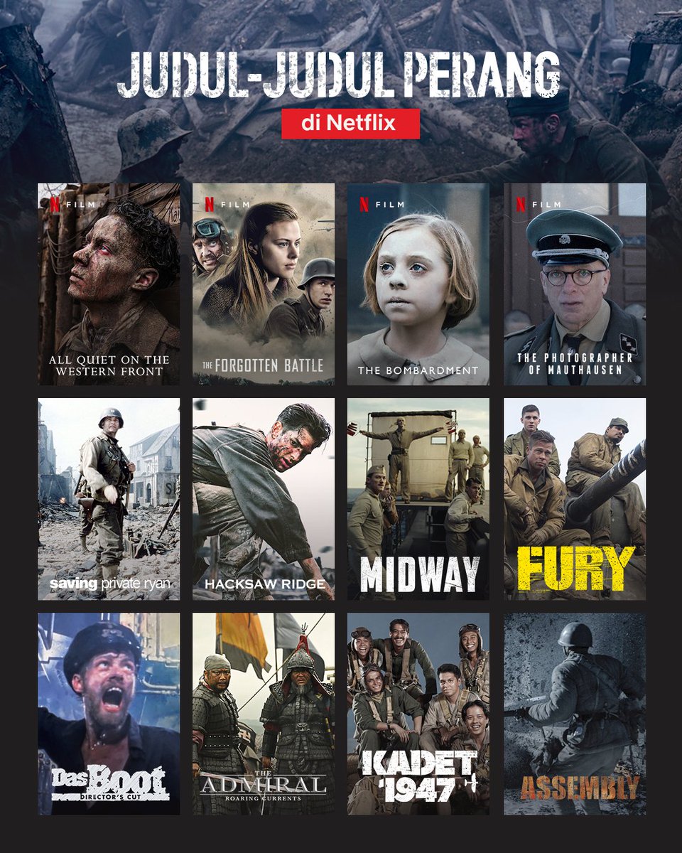HabisNontonFilm's tweet photo. Rekomendasi film bertema perang di Netflix. Udah nonton yang mana aja? https://t.co/B0ynMqALs2