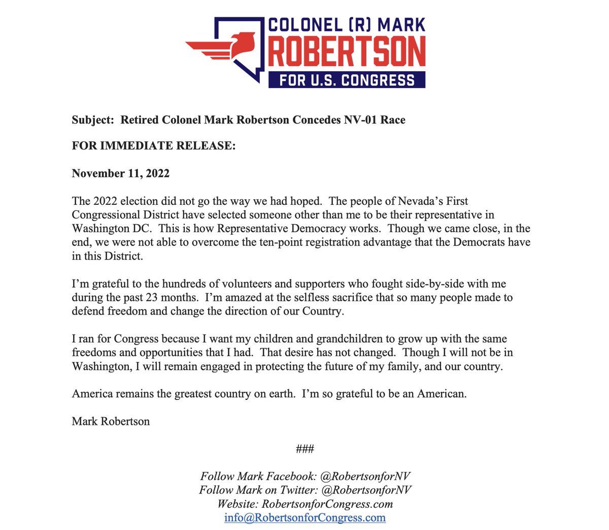 FOR IMMEDIATE RELEASE: Retired Colonel Mark Robertson Concedes NV-01 Race