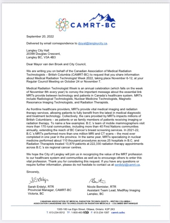 camrt_bc's tweet photo. An MRT Week announcement was shared at the City of Langleyโs Regular Council meeting on October 24. Thank you to Nicole and Sarah for collaborating on a letter to bring recognition to MRTs during #MRTWeek2022!
@LangleyCity_ https://t.co/o2zwdmrnhl
