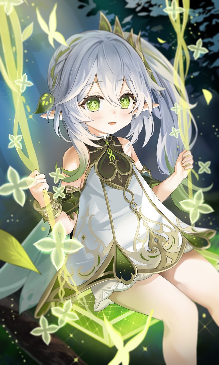 nahida (genshin impact) swing 1girl pointy ears green eyes solo dress side ponytail  illustration images