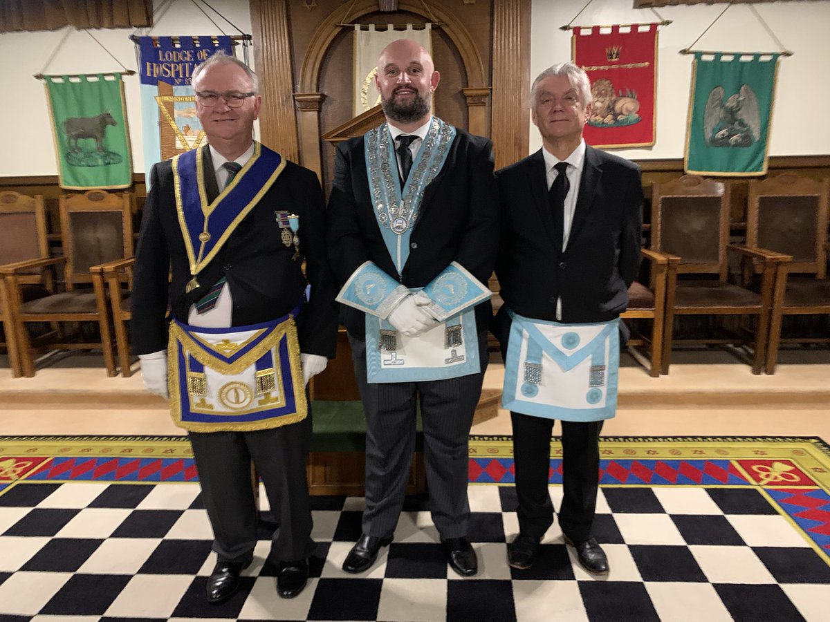 A wonderful night at Hospitality this evening as Bro Mark Barber was installed as Master. The Grandson of one of our Honorary members WBro David Rodgers. Below pics show all the brethren involved in the ceremony and a picture of David’s grandson Mark, son David and nephew Ted