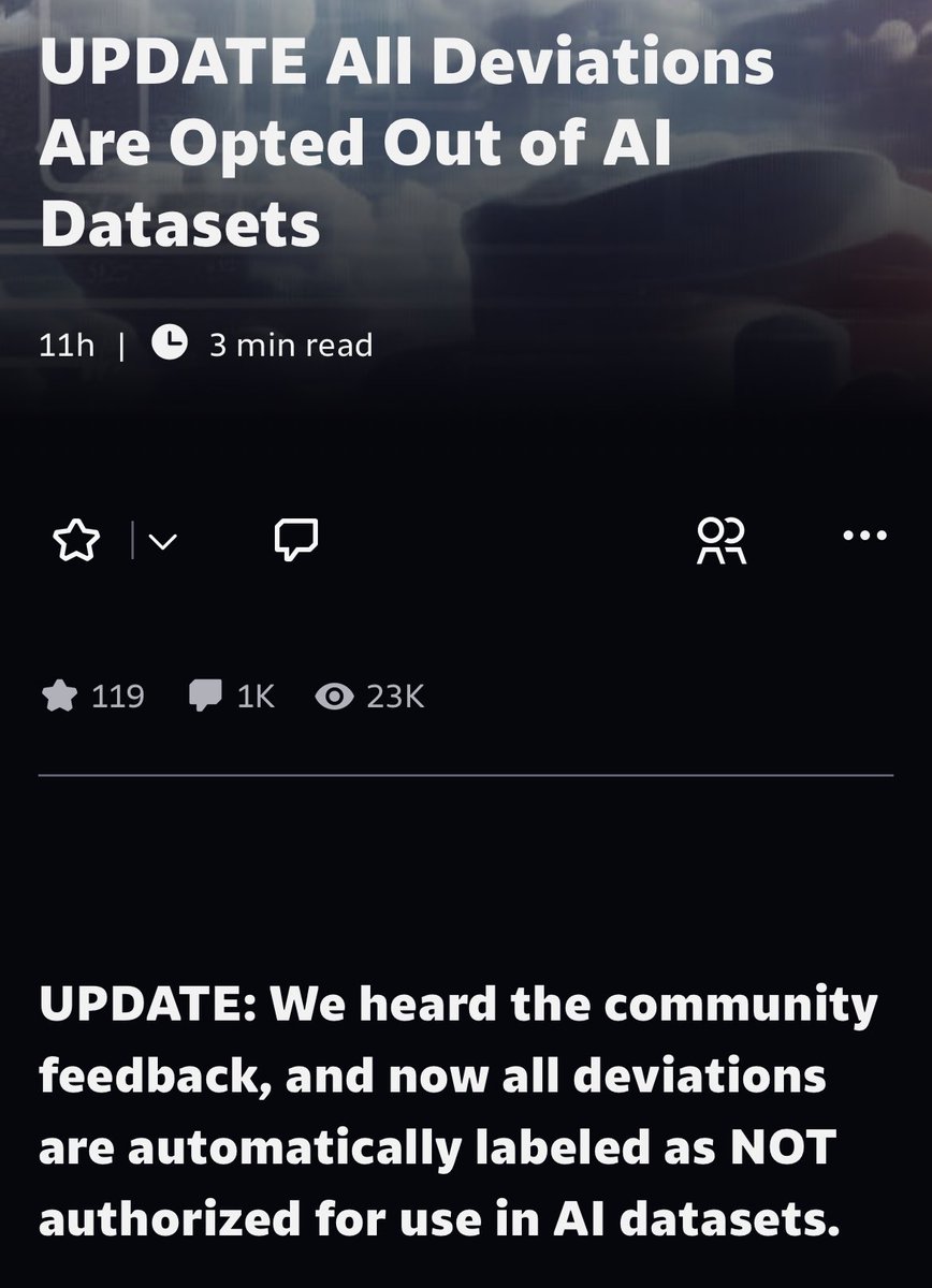 They listened to the overwhelming feedback and have opted all deviations out of AI datasets by default. That’s a pretty big win!