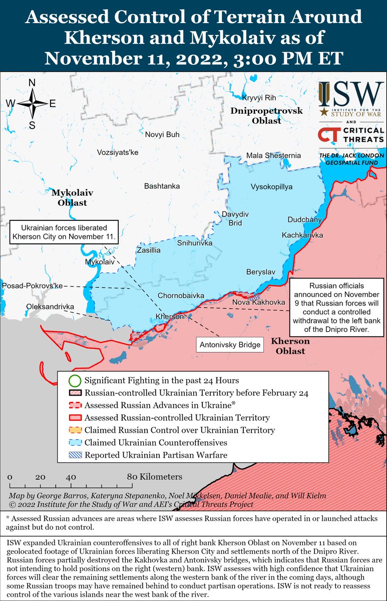 TheStudyofWar's tweet photo. Southern Axis Update:

ISW has recoded all western #Kherson Oblast as liberated based on our high confidence assessment that the #Russians have deprived themselves of the ability to hold terrain on the right bank of the #Dnipro. /1
https://t.co/L9PzmCGXgN https://t.co/itlkwTegfE