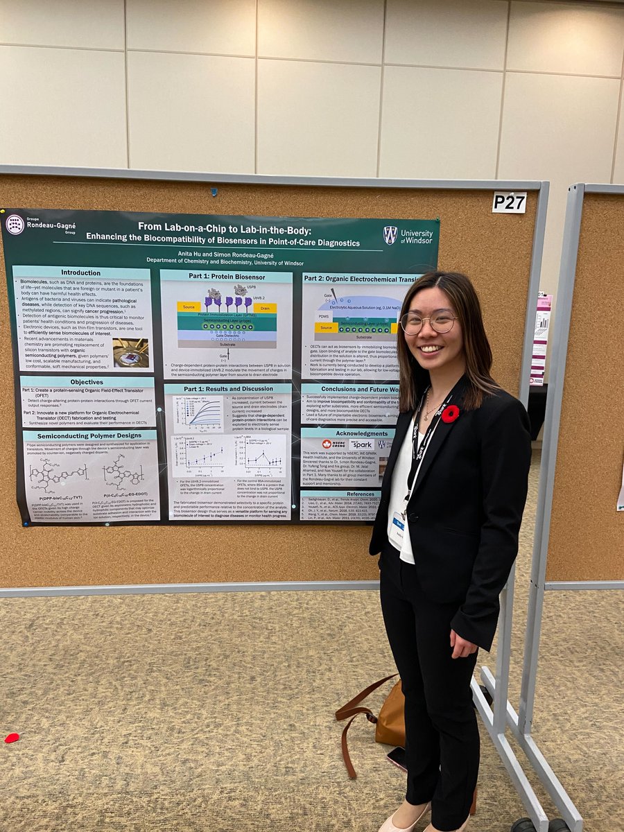 SimonRondeau's tweet photo. Congrats and big thanks to Anita Hu, who greatly represented the R-G team today @wesparkhealth #yqghealthresearchconference by presenting our work on transistor-based biosensors! 🤩🔥 @ChemUWindsor #MaterialsChem #proudPI https://t.co/MOn8uchAW5