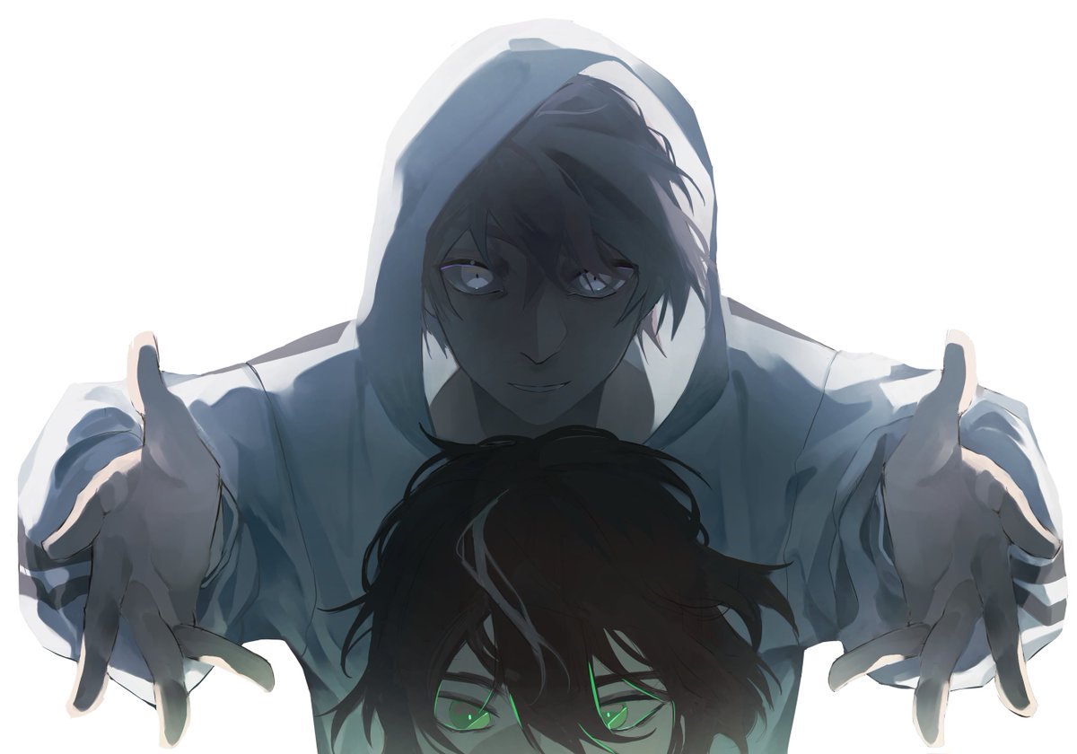 multiple boys 2boys green eyes male focus hood hood up white background  illustration images
