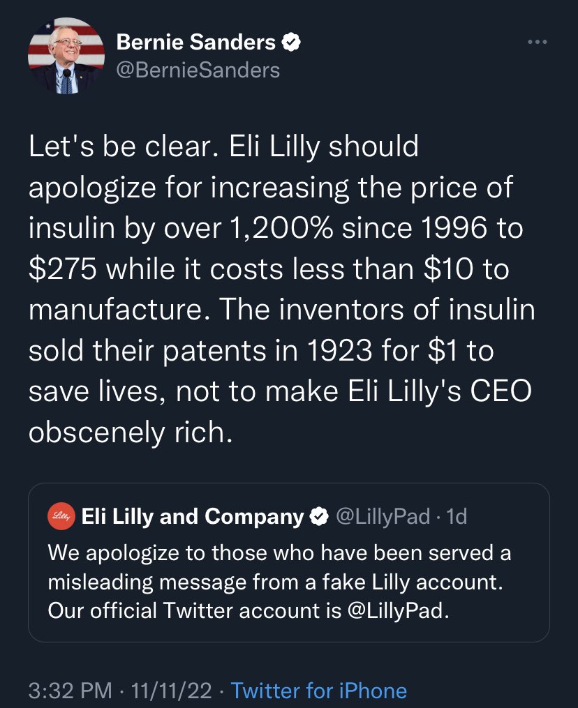 WUTangKids's tweet image. Some good has come out of Elon’s verification debacle…now everyone knows that @LillyPad obscenely overcharges people for insulin and Bernie just dropped the mic on them