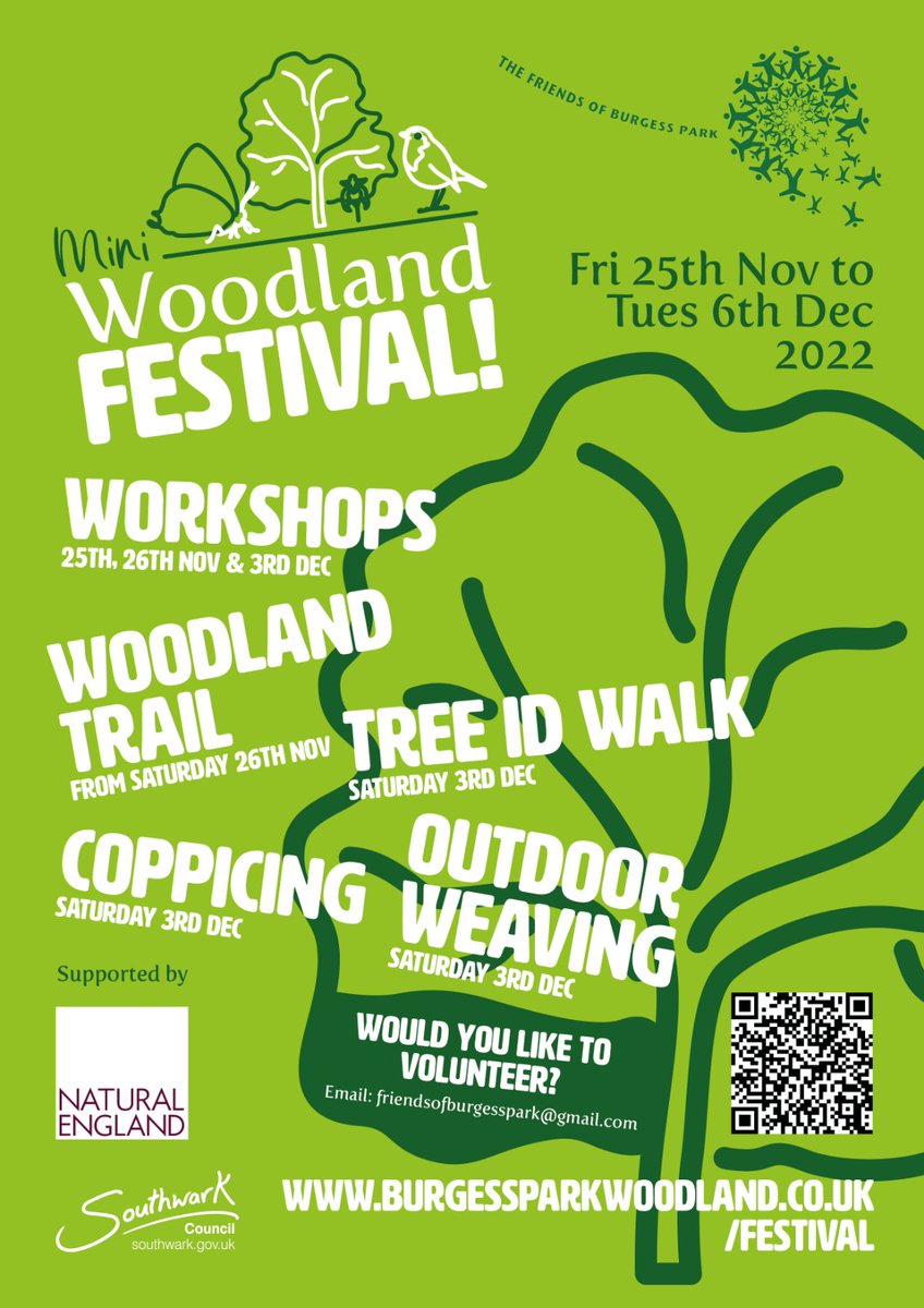 Burgess Park mini woodlands festival Fri 25 Nov to Tues 6 Dec- FOBP have funding from Natural England for woodlands focused activities. We're kicking it off with a woodlands festival during national tree week. More details soon ...