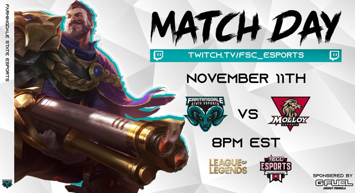 Farmingdale State Esports (@fscesports_) on Twitter photo ‼️🐏MATCH DAY🐏‼️
Come watch the Farmingdale State League of Legends A team play against <a href="/MolloyEsports/">Molloy Esports</a> TONIGHT at 8pm on our Twitch. Link in bio!
#gfuelpartner #collegeesports #leagueoflegends ‼️🐏MATCH DAY🐏‼️
Come watch the Farmingdale State League of Legends A team play against <a href="/MolloyEsports/">Molloy Esports</a> TONIGHT at 8pm on our Twitch. Link in bio!
#gfuelpartner #collegeesports #leagueoflegends
