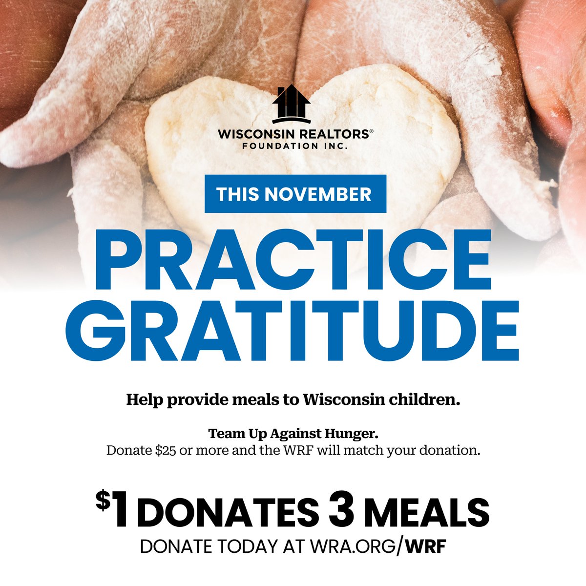 WIREALTORSWRF's tweet photo. We are almost half way through our month of gratitude! Thank you to everyone who has donated so far. All month long we are matching all donations $25 or more for Feeding Wisconsin $1=3 meals. Help us at https://t.co/Ziq7SFKPKI https://t.co/IVQwePP9Lz
