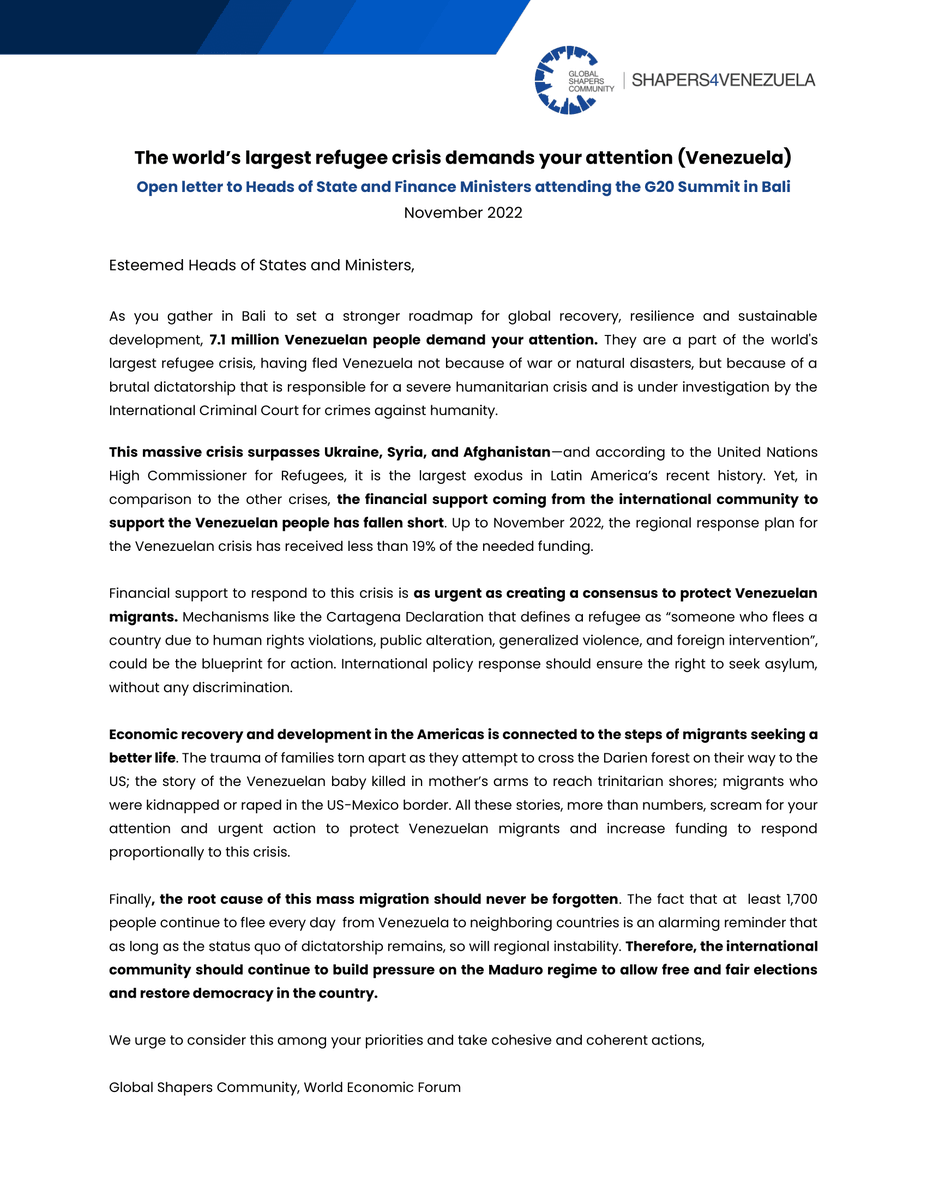 The largest refugee and migration crisis requires urgent action #G20Indonesia ! Protect Venezuelan migrants and increase funding proportionally  to ensure #Rights4Migrants. Open letter from <a href="/GlobalShapers/">Global Shapers</a>