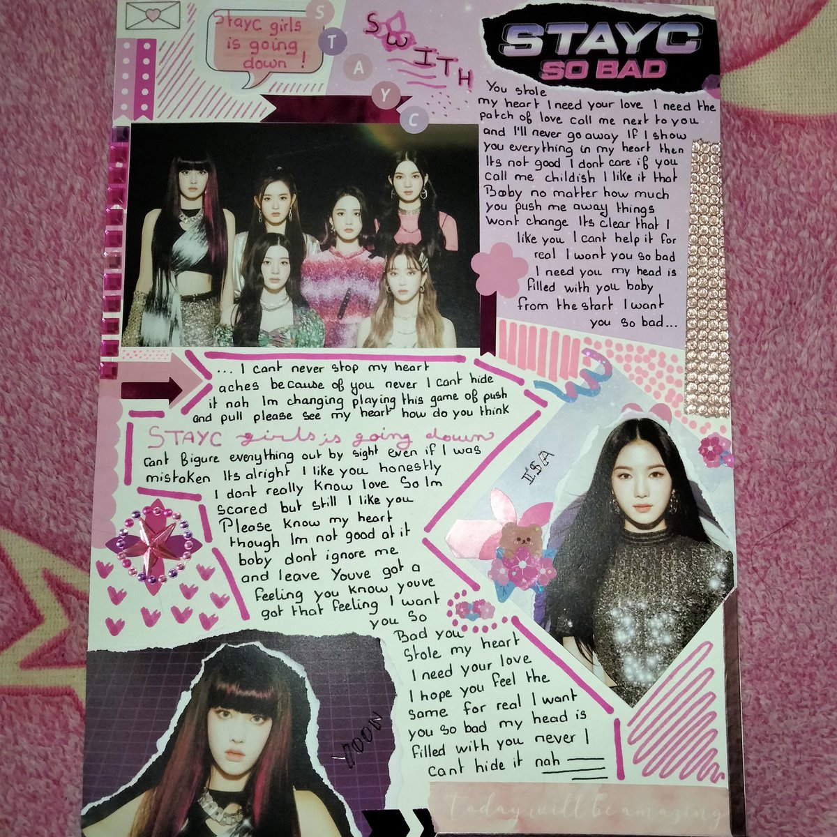 17winterflower's tweet photo. Sadly swith hate me so i decided to cut my stayc album to create this beautiful thing <333 #stayc #girls #isgoingdown #isa #yoon https://t.co/VwzHElC8gc